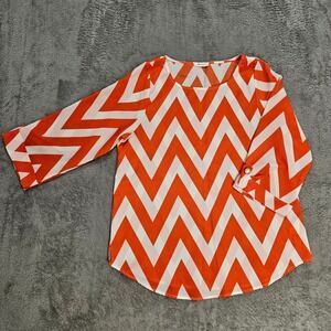 Everly Orange White Chevron Zigzag 3/4 Sleeve Blouse Womens Medium